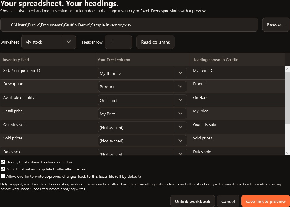 Actual Gruffin Excel linking screen with custom headings mapped to inventory fields and optional write-back unchecked
