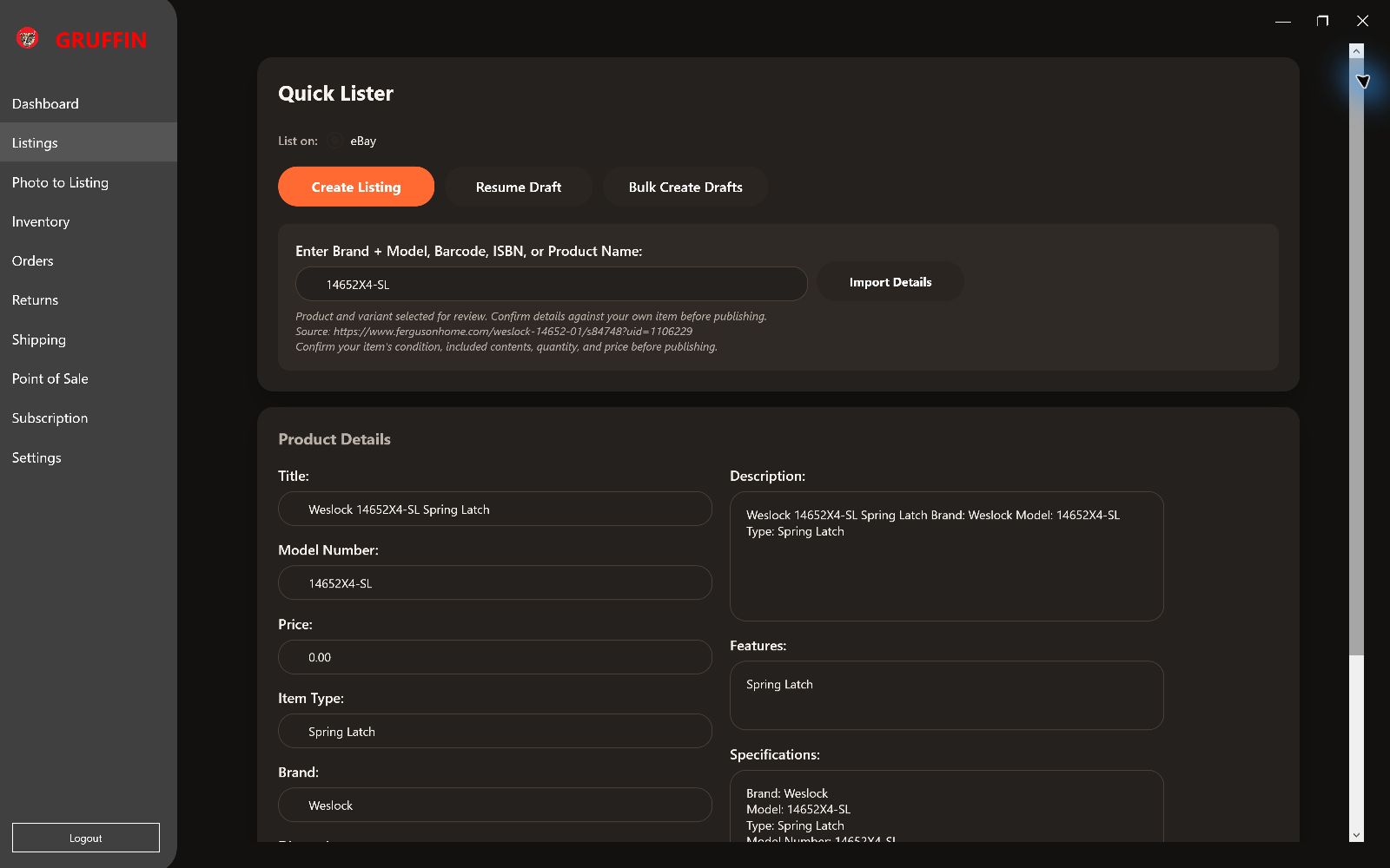 Actual Gruffin Quick Lister showing researched Weslock product details, the source link, and editable listing fields